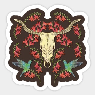 Western Cow Skull with Hummingbirds and Flowers Sticker